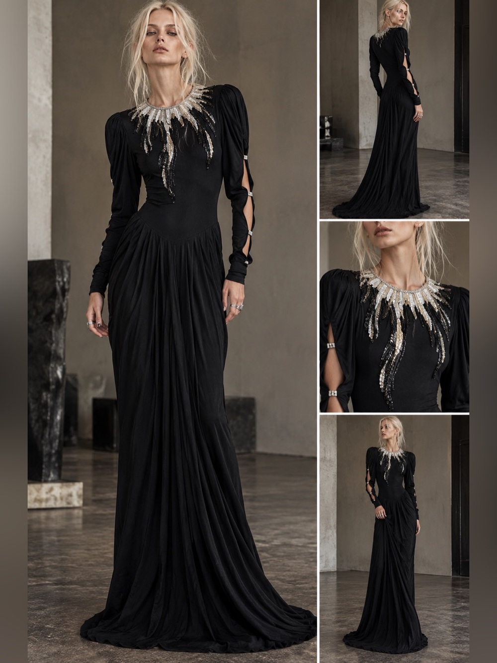 Vintage 80s David Keys Black Sequin Beaded Avant Garde Maxi Dress XS S